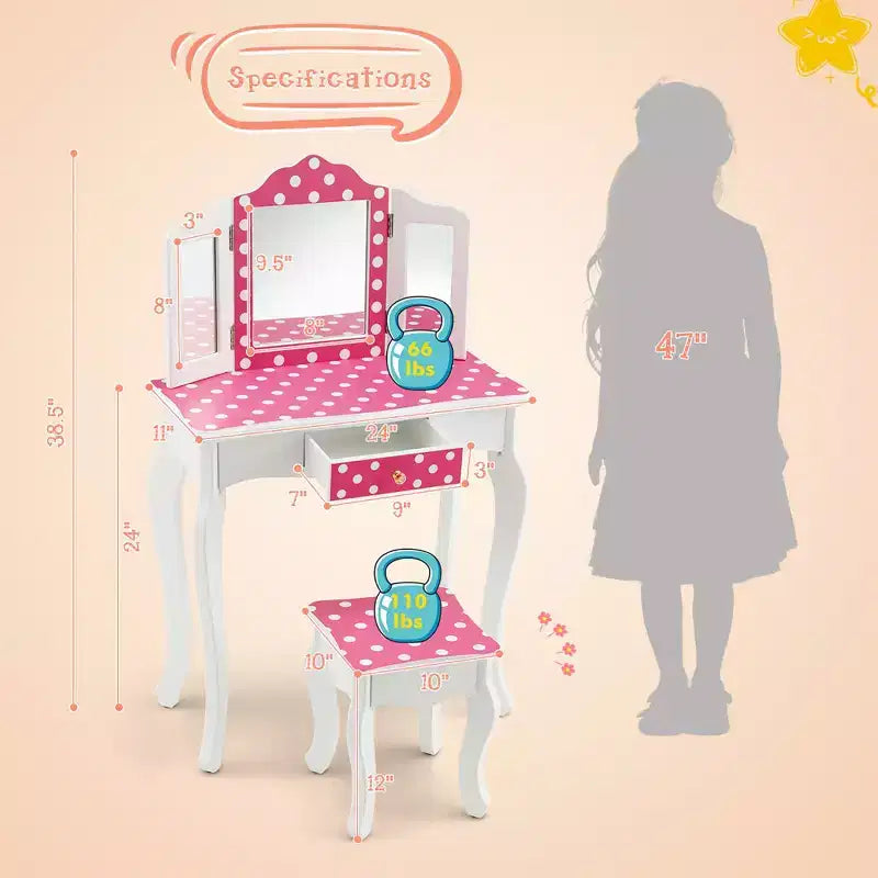 Costway Coiffeuse Enfant avec Tabouret Miroir Triple Pliage Motif à Pois Rose