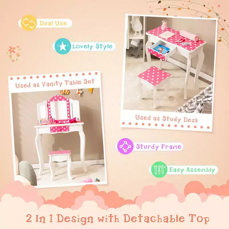Costway Coiffeuse Enfant avec Tabouret Miroir Triple Pliage Motif à Pois Rose