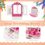 Costway Coiffeuse Enfant avec Tabouret Miroir Triple Pliage Motif à Pois Rose