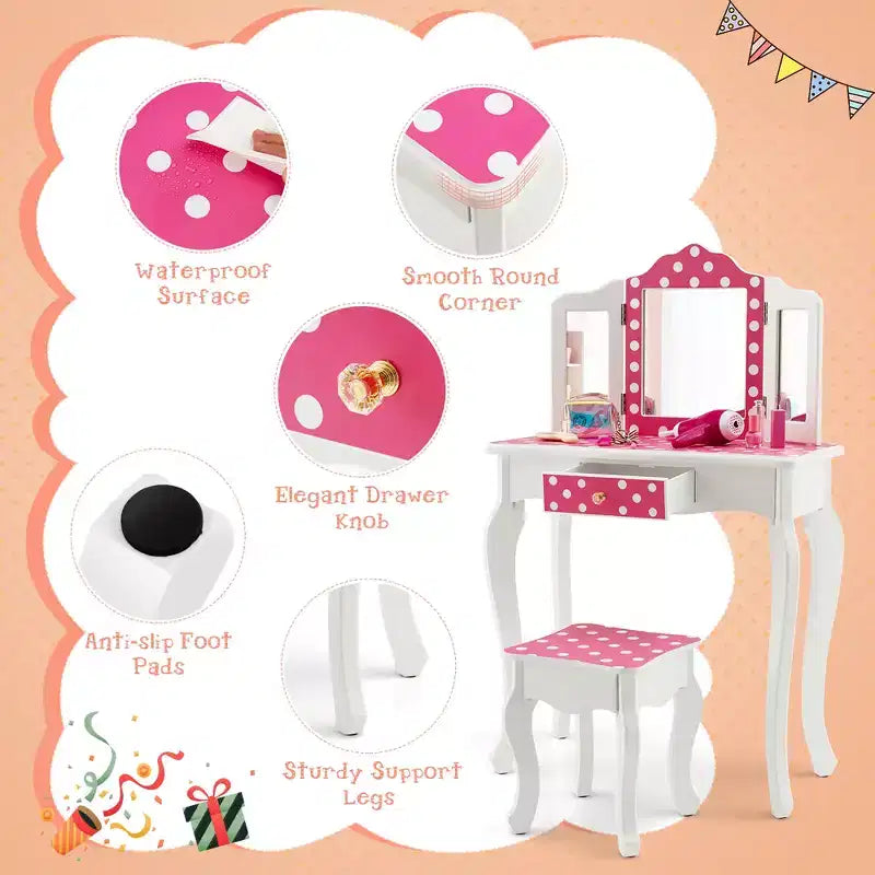 Costway Coiffeuse Enfant avec Tabouret Miroir Triple Pliage Motif à Pois Rose