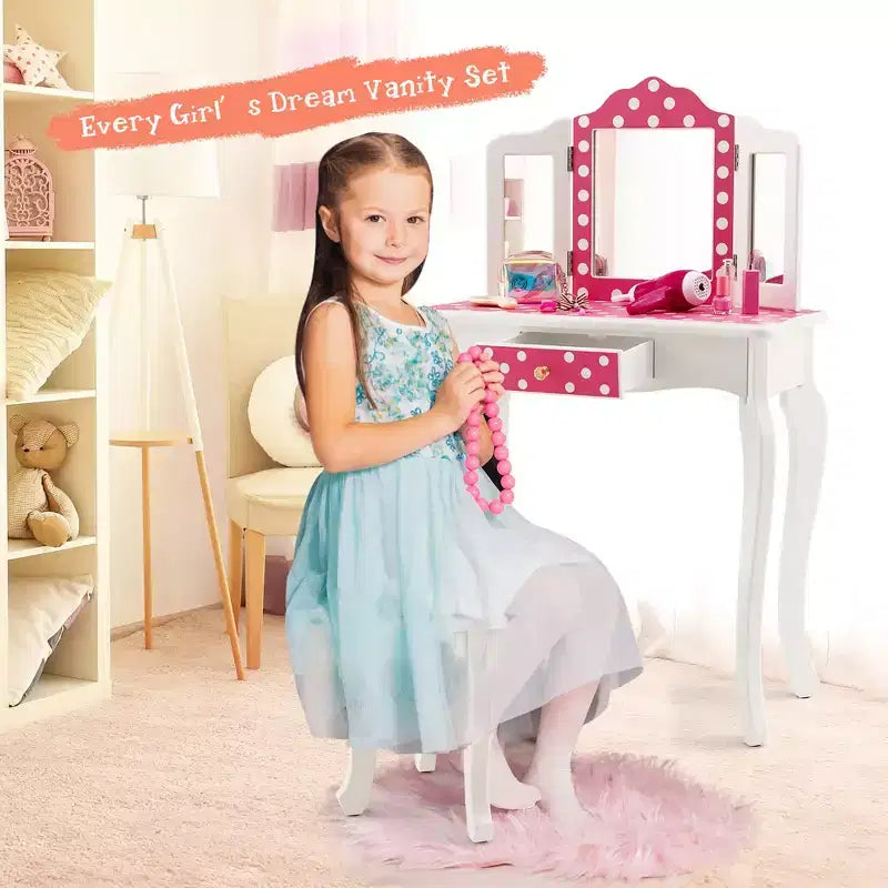 Costway Coiffeuse Enfant avec Tabouret Miroir Triple Pliage Motif à Pois Rose