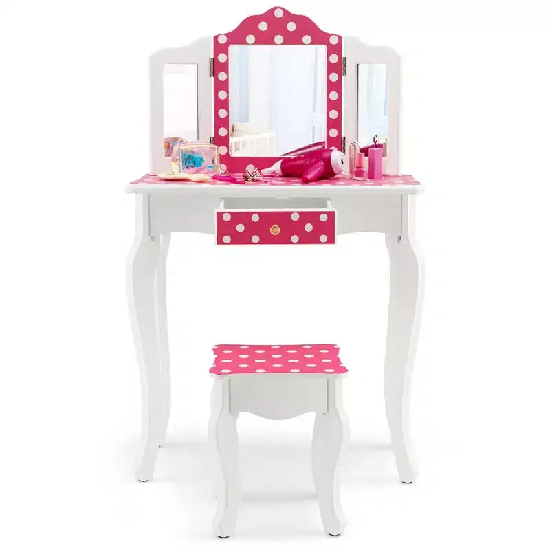 Costway Coiffeuse Enfant avec Tabouret Miroir Triple Pliage Motif à Pois Rose