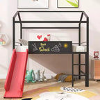 Lit mezzanine cabane une place avec toboggan et tableau inscriptible, cadre en métal robuste avec aire de jeux amusante - ModernLuxe