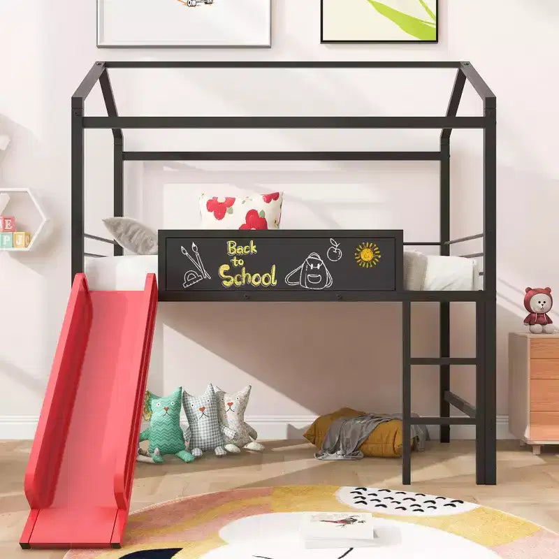 Lit mezzanine cabane une place avec toboggan et tableau inscriptible, cadre en métal robuste avec aire de jeux amusante - ModernLuxe