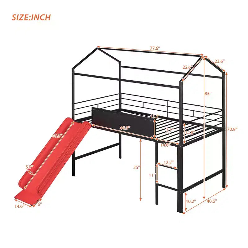 Lit mezzanine cabane une place avec toboggan et tableau inscriptible, cadre en métal robuste avec aire de jeux amusante - ModernLuxe