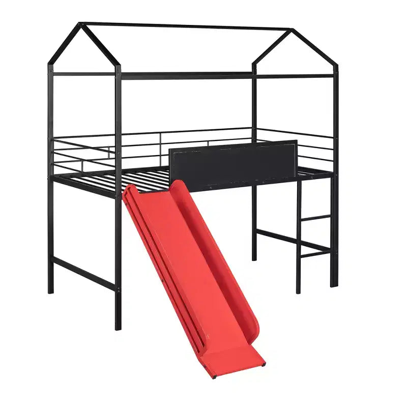 Lit mezzanine cabane une place avec toboggan et tableau inscriptible, cadre en métal robuste avec aire de jeux amusante - ModernLuxe