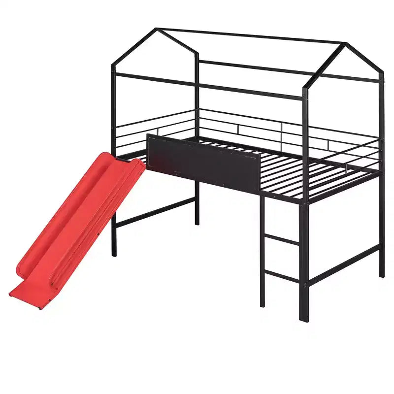 Lit mezzanine cabane une place avec toboggan et tableau inscriptible, cadre en métal robuste avec aire de jeux amusante - ModernLuxe