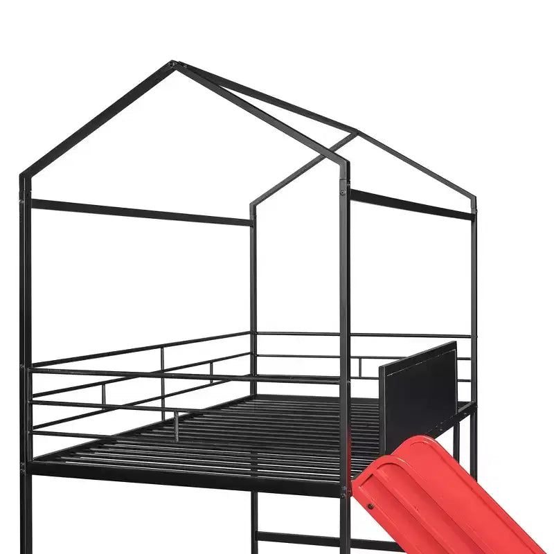 Lit mezzanine cabane une place avec toboggan et tableau inscriptible, cadre en métal robuste avec aire de jeux amusante - ModernLuxe
