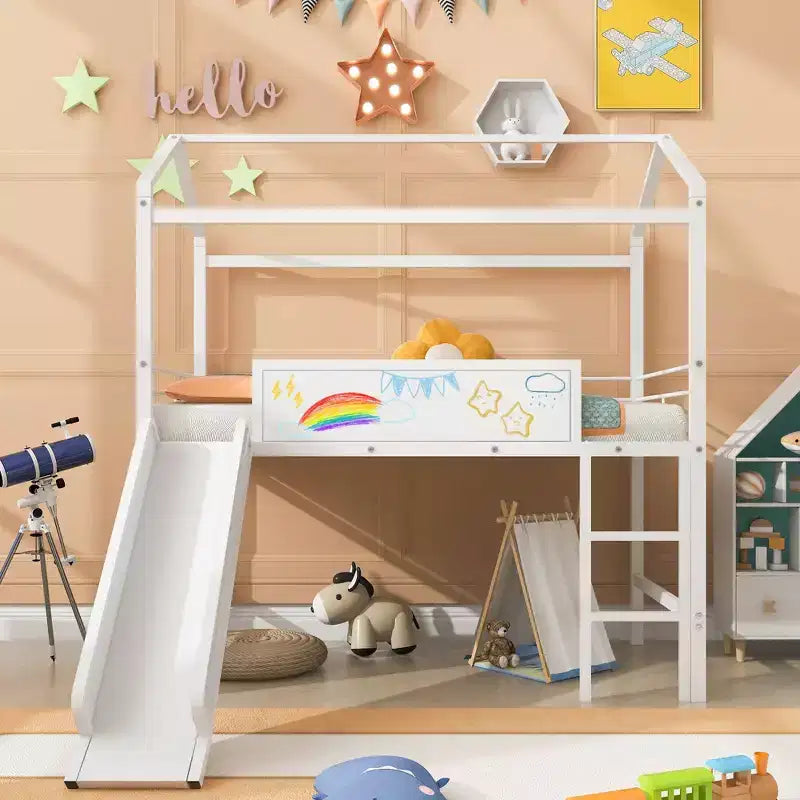 Lit mezzanine cabane une place avec toboggan et tableau inscriptible, cadre en métal robuste avec aire de jeux amusante - ModernLuxe