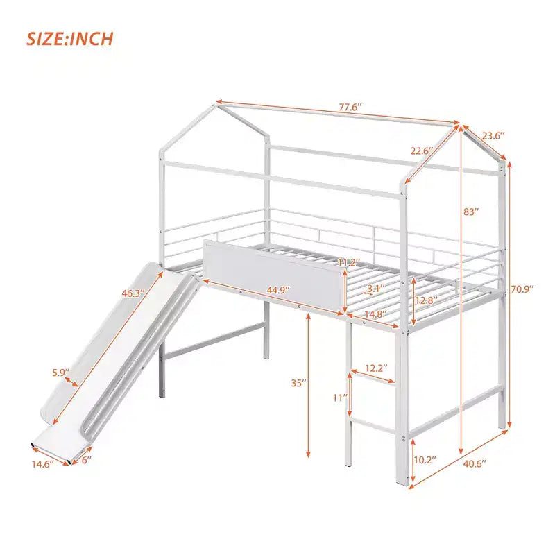 Lit mezzanine cabane une place avec toboggan et tableau inscriptible, cadre en métal robuste avec aire de jeux amusante - ModernLuxe