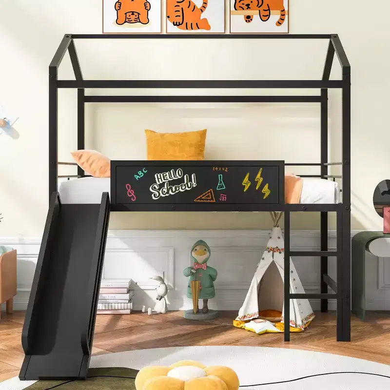 Lit mezzanine cabane une place avec toboggan et tableau inscriptible, cadre en métal robuste avec aire de jeux amusante - ModernLuxe