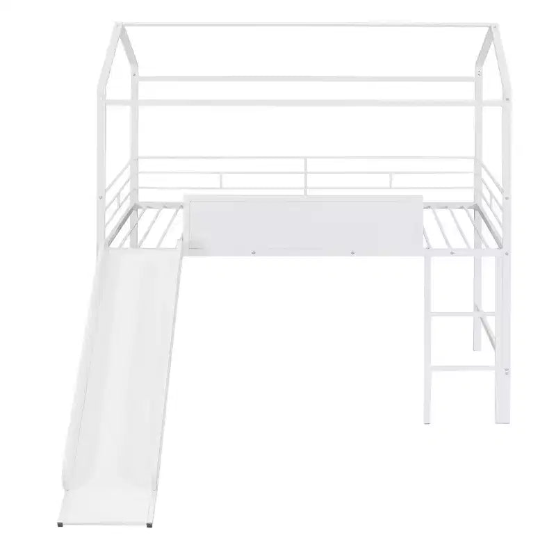 Lit mezzanine cabane une place avec toboggan et tableau inscriptible, cadre en métal robuste avec aire de jeux amusante - ModernLuxe