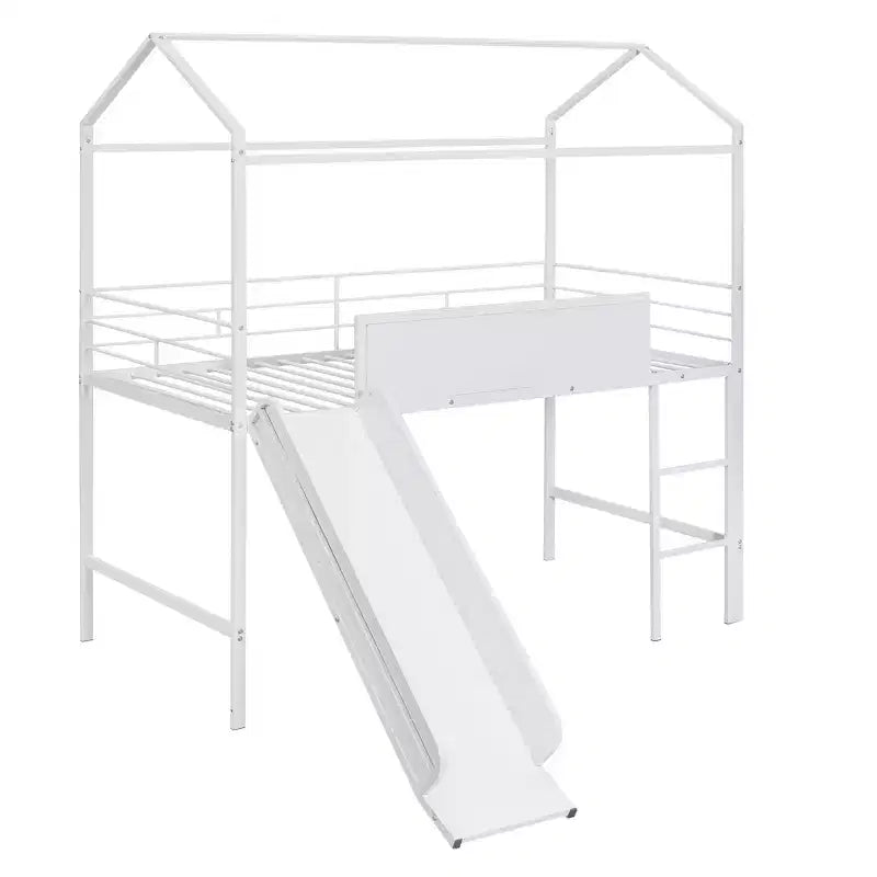 Lit mezzanine cabane une place avec toboggan et tableau inscriptible, cadre en métal robuste avec aire de jeux amusante - ModernLuxe