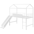 Lit mezzanine cabane une place avec toboggan et tableau inscriptible, cadre en métal robuste avec aire de jeux amusante - ModernLuxe