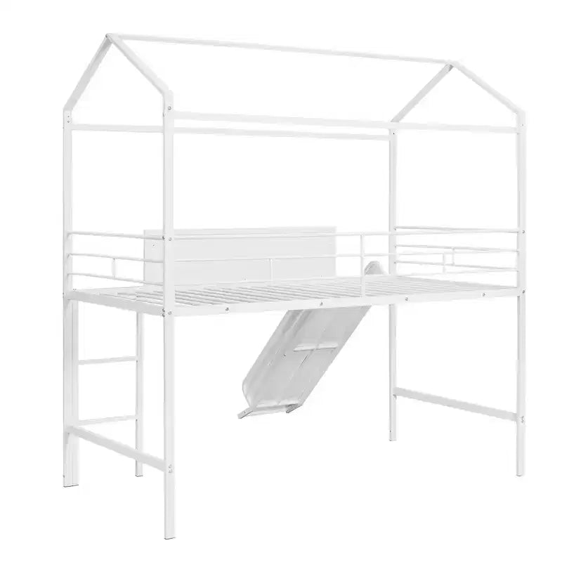 Lit mezzanine cabane une place avec toboggan et tableau inscriptible, cadre en métal robuste avec aire de jeux amusante - ModernLuxe