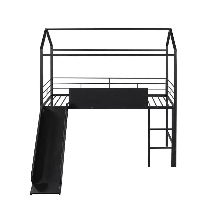 Lit mezzanine cabane une place avec toboggan et tableau inscriptible, cadre en métal robuste avec aire de jeux amusante - ModernLuxe