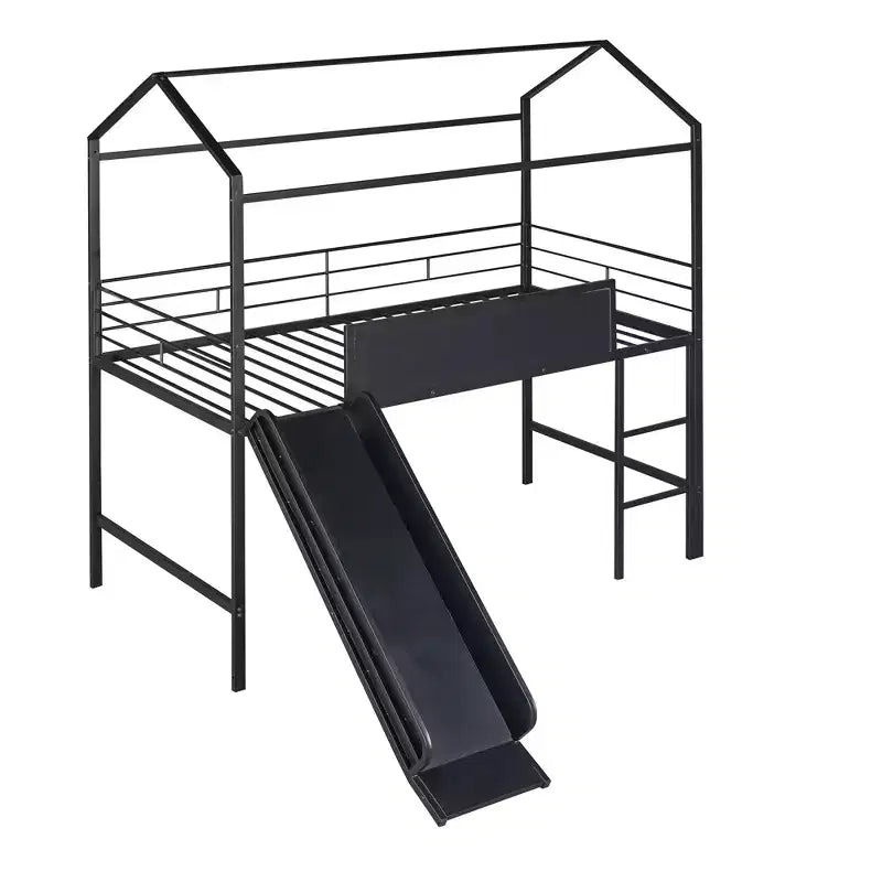 Lit mezzanine cabane une place avec toboggan et tableau inscriptible, cadre en métal robuste avec aire de jeux amusante - ModernLuxe