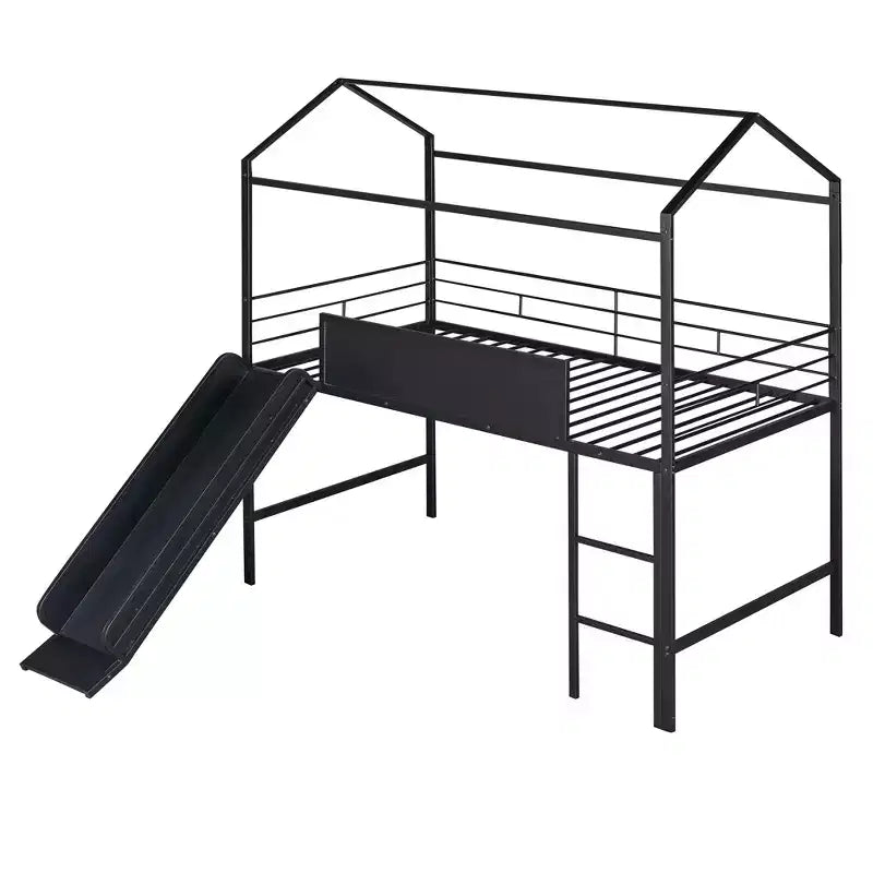 Lit mezzanine cabane une place avec toboggan et tableau inscriptible, cadre en métal robuste avec aire de jeux amusante - ModernLuxe