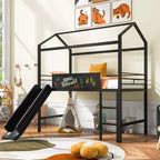 Twin Size House Loft Bed with Slide and Writable Board, Sturdy Metal Frame with Fun Play Area - ModernLuxe