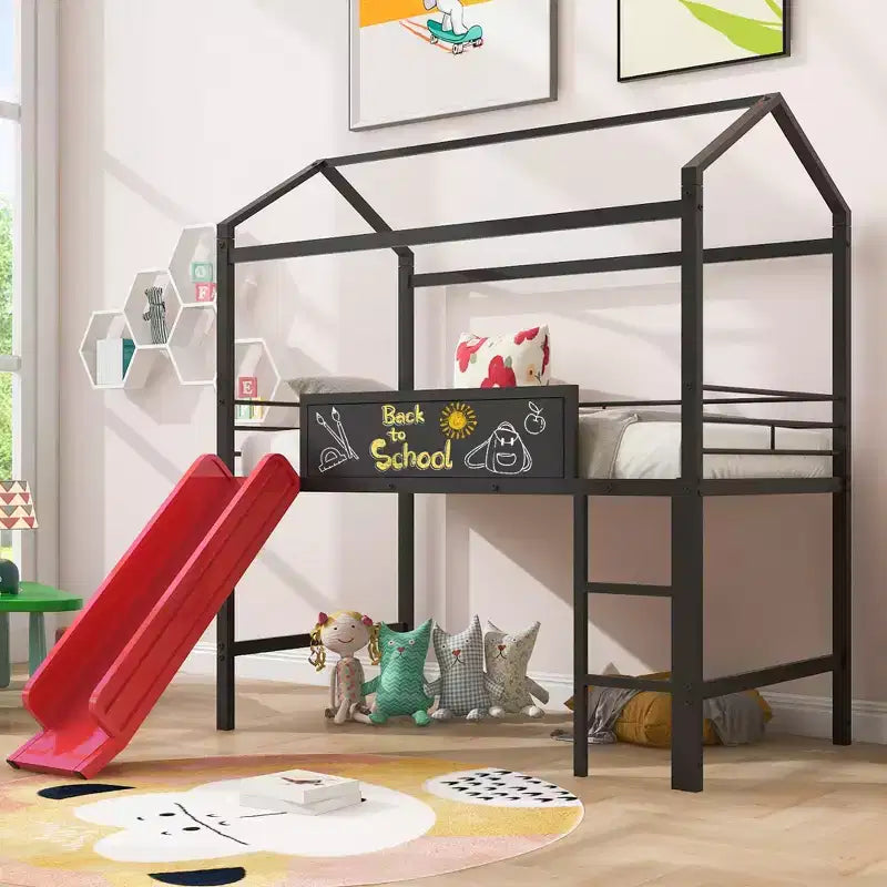 Lit mezzanine cabane une place avec toboggan et tableau inscriptible, cadre en métal robuste avec aire de jeux amusante - ModernLuxe