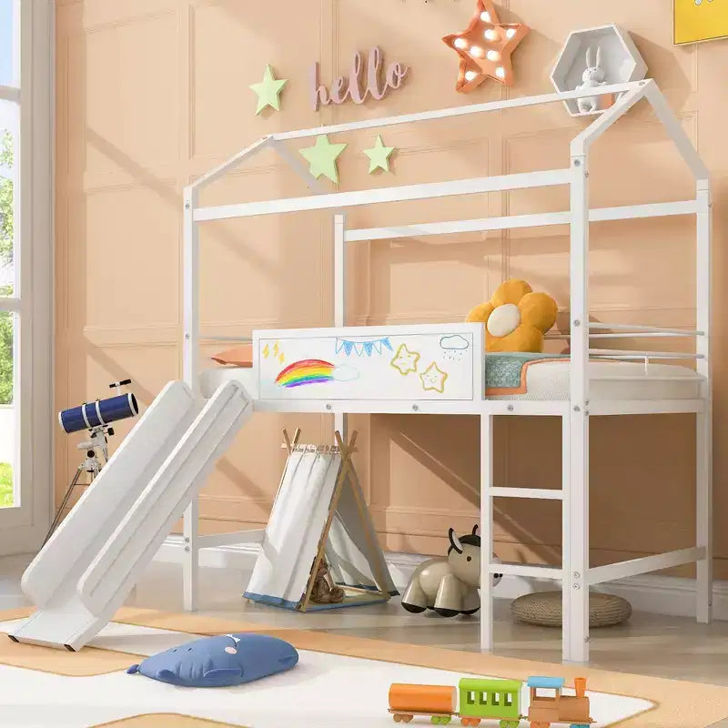Lit mezzanine cabane une place avec toboggan et tableau inscriptible, cadre en métal robuste avec aire de jeux amusante - ModernLuxe