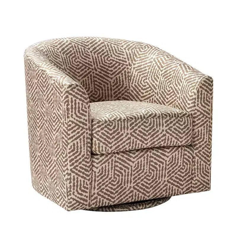 Fauteuil tonneau rembourré en bois Liria pour salon avec piètement pivotant en métal | ART OF LIVING DESIGNS