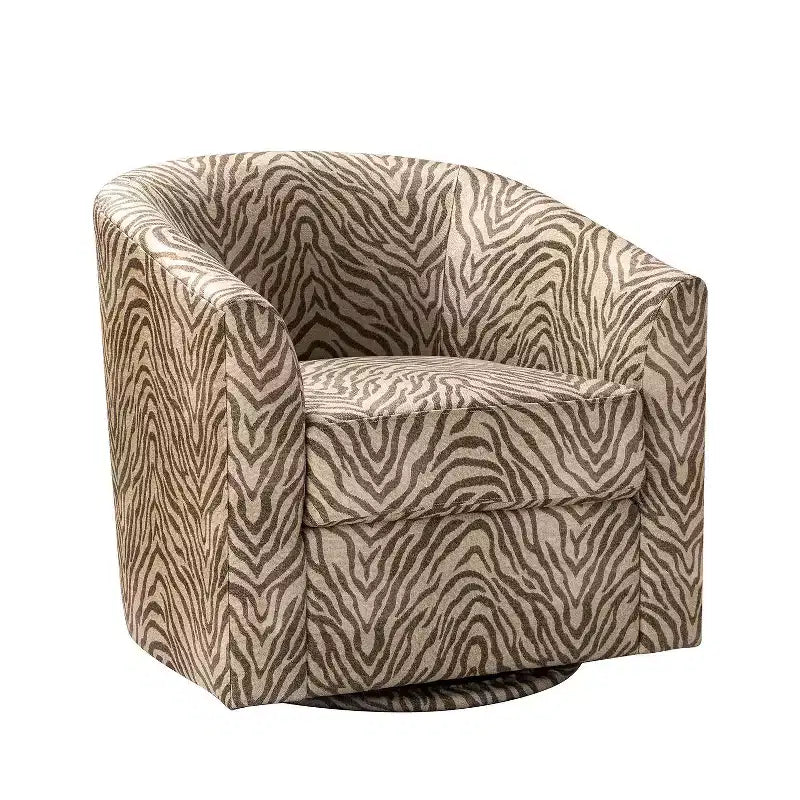 Fauteuil tonneau rembourré en bois Liria pour salon avec piètement pivotant en métal | ART OF LIVING DESIGNS