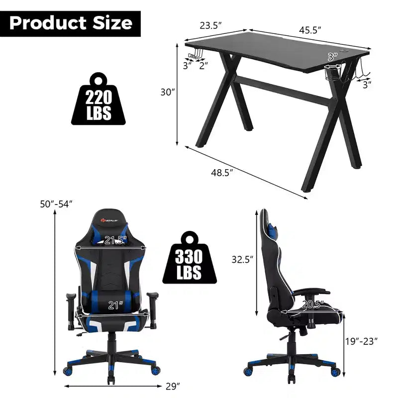Ensemble Bureau de Gamer en X et Fauteuil de Massage Style Racing Costway pour Bureau à Domicile Noir+Blanc/Bleu/Gris/Rouge