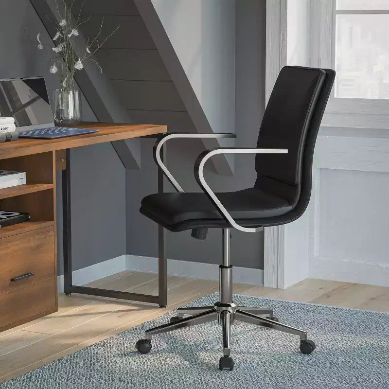 Fauteuil de bureau de direction rembourré Flash Furniture James à dossier mi-haut avec piètement et accoudoirs en métal brossé