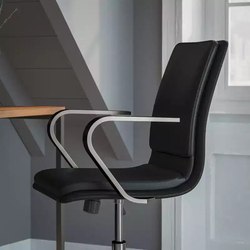 Fauteuil de bureau de direction rembourré Flash Furniture James à dossier mi-haut avec piètement et accoudoirs en métal brossé
