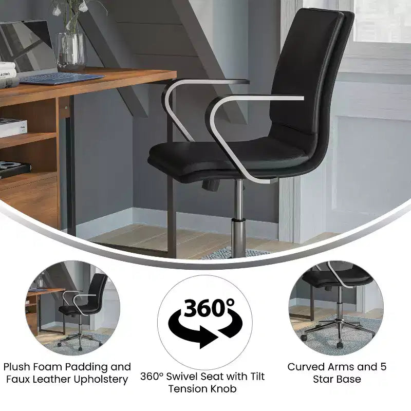 Fauteuil de bureau de direction rembourré Flash Furniture James à dossier mi-haut avec piètement et accoudoirs en métal brossé