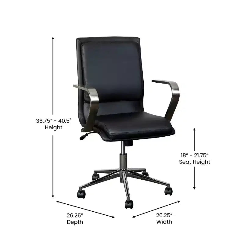 Fauteuil de bureau de direction rembourré Flash Furniture James à dossier mi-haut avec piètement et accoudoirs en métal brossé