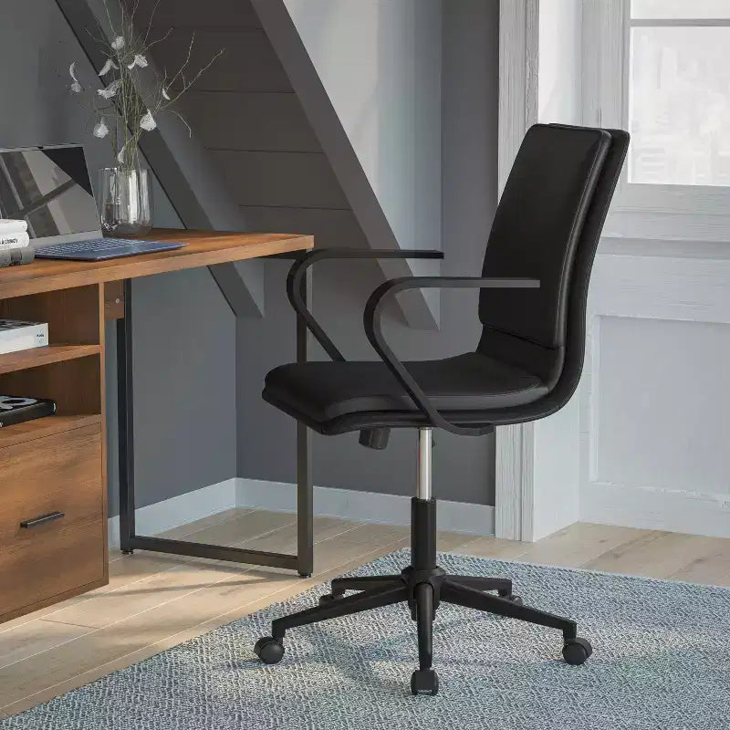 Fauteuil de bureau de direction rembourré Flash Furniture James à dossier mi-haut avec piètement et accoudoirs en métal brossé