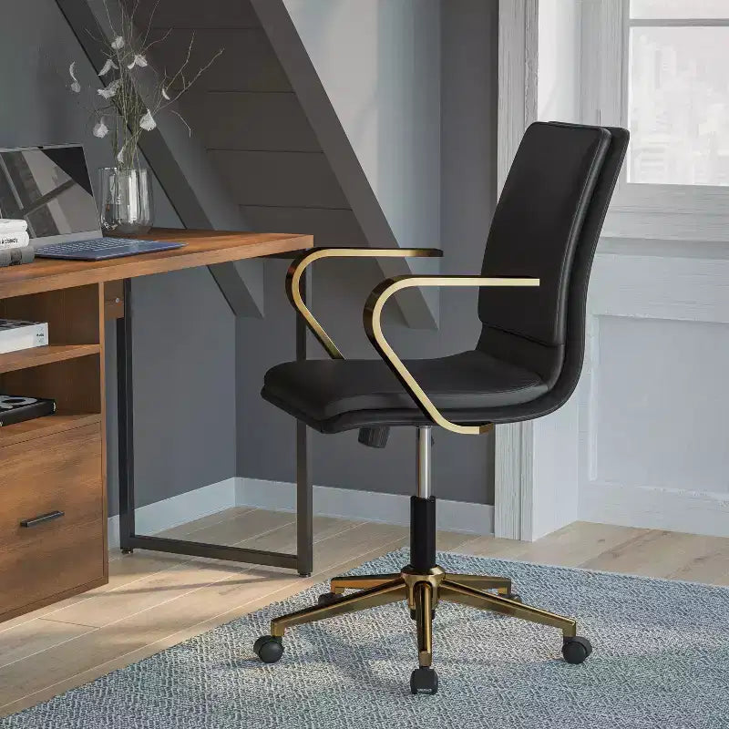 Fauteuil de bureau de direction rembourré Flash Furniture James à dossier mi-haut avec piètement et accoudoirs en métal brossé