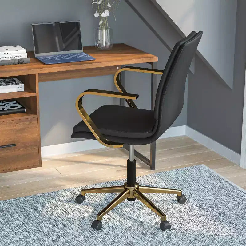 Fauteuil de bureau de direction rembourré Flash Furniture James à dossier mi-haut avec piètement et accoudoirs en métal brossé