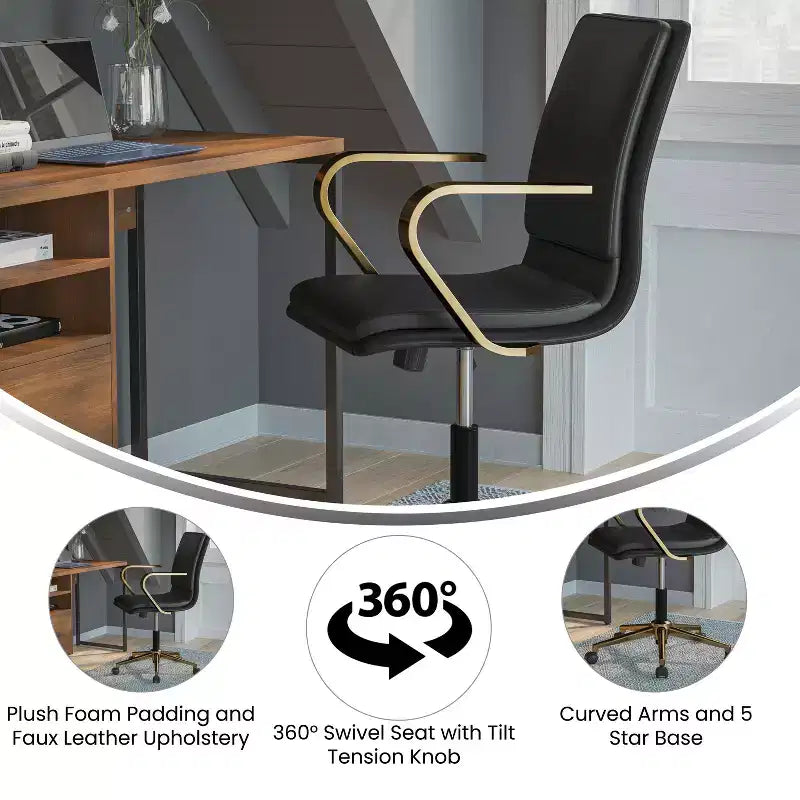 Fauteuil de bureau de direction rembourré Flash Furniture James à dossier mi-haut avec piètement et accoudoirs en métal brossé
