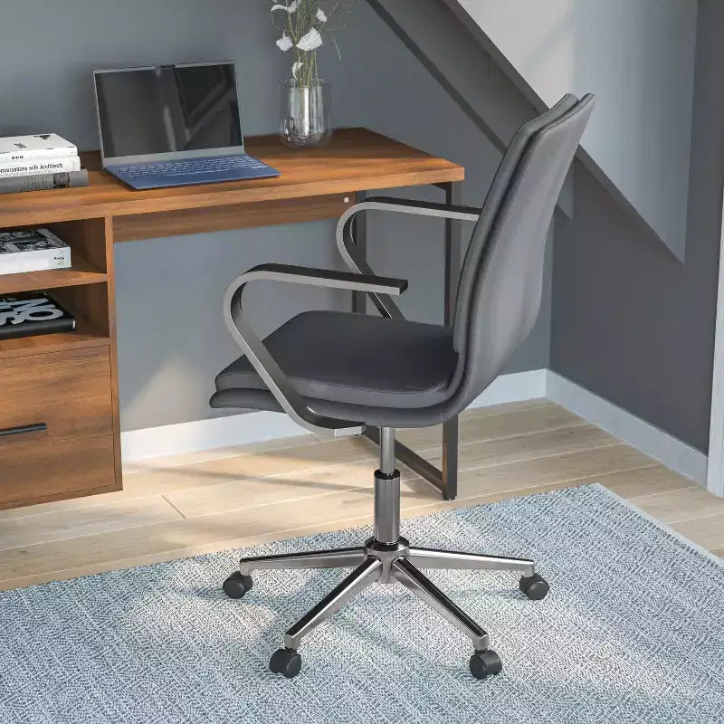 Fauteuil de bureau de direction rembourré Flash Furniture James à dossier mi-haut avec piètement et accoudoirs en métal brossé