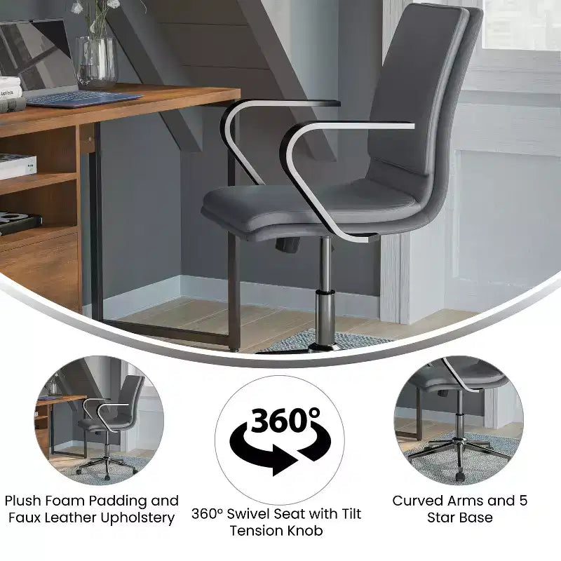Fauteuil de bureau de direction rembourré Flash Furniture James à dossier mi-haut avec piètement et accoudoirs en métal brossé