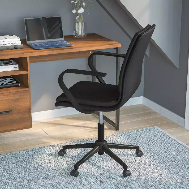 Fauteuil de bureau de direction rembourré Flash Furniture James à dossier mi-haut avec piètement et accoudoirs en métal brossé