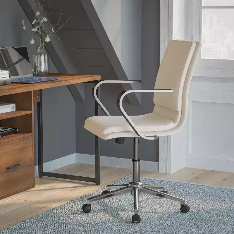 Fauteuil de bureau de direction rembourré Flash Furniture James à dossier mi-haut avec piètement et accoudoirs en métal brossé