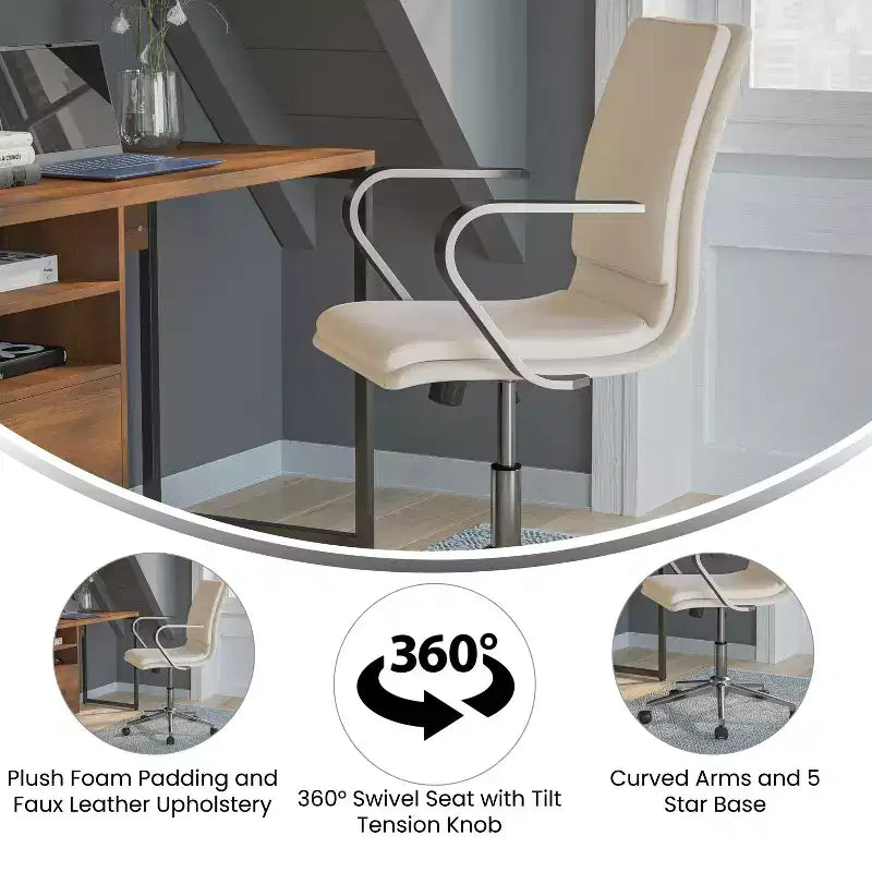Fauteuil de bureau de direction rembourré Flash Furniture James à dossier mi-haut avec piètement et accoudoirs en métal brossé