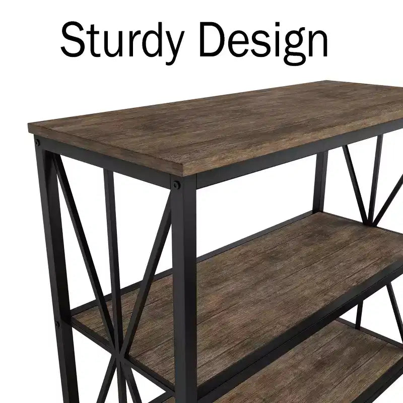 Étagère à 3 niveaux autoportante style grange Hastings Home, bibliothèque industrielle pour l'organisation et le rangement à la maison ou au bureau, grain de bois marron