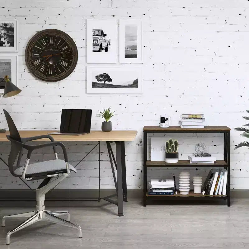 Étagère à 3 niveaux autoportante style grange Hastings Home, bibliothèque industrielle pour l'organisation et le rangement à la maison ou au bureau, grain de bois marron