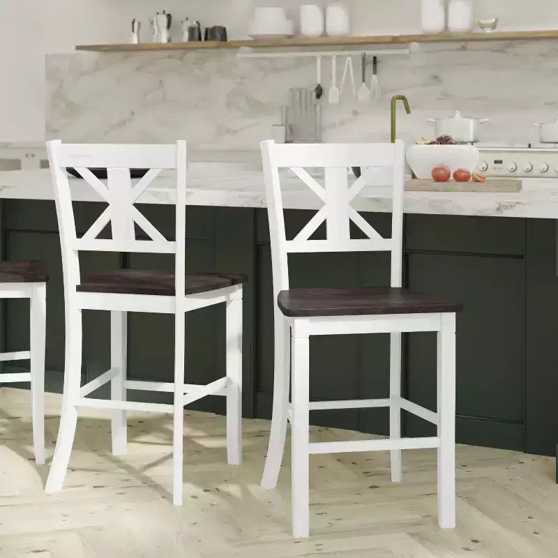 Emma and Oliver Lot de 2 tabourets de bar modernes en bois style ferme avec dossier sculpté décoratif et assise en bois
