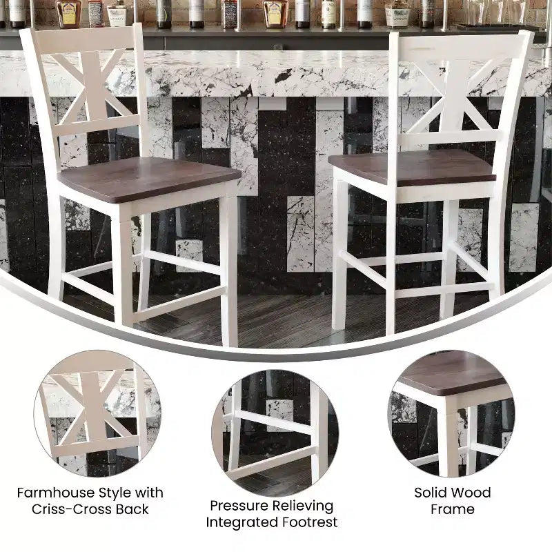 Emma and Oliver Lot de 2 tabourets de bar modernes en bois style ferme avec dossier sculpté décoratif et assise en bois