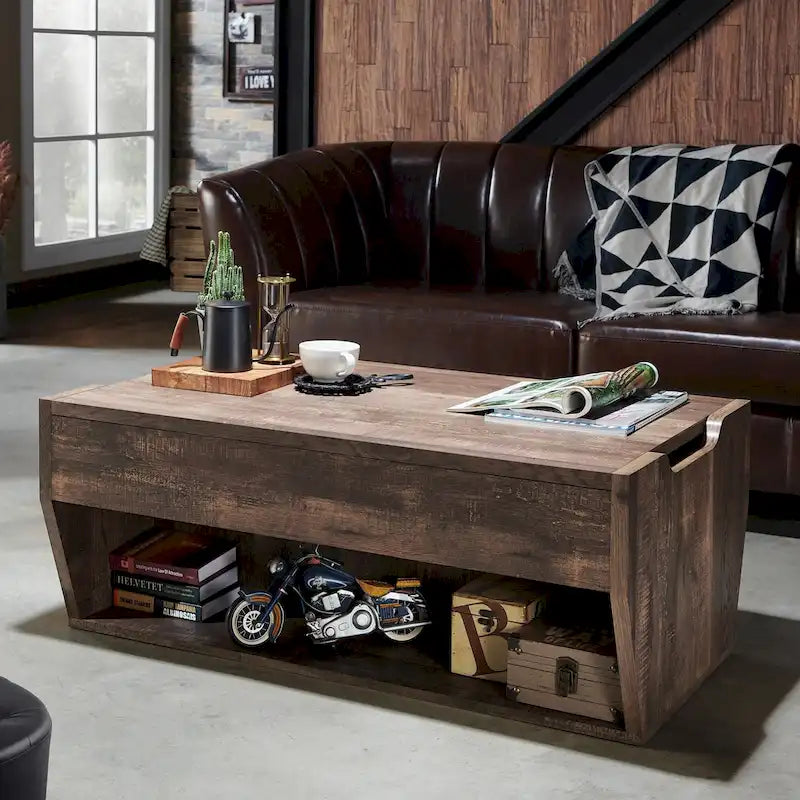 Table basse relevable rustique avec rangement – Chêne recyclé, style ferme, 104 cm