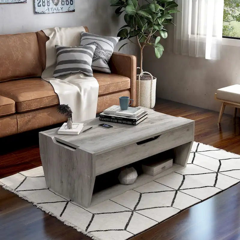 Table basse relevable rustique avec rangement – Chêne recyclé, style ferme, 104 cm