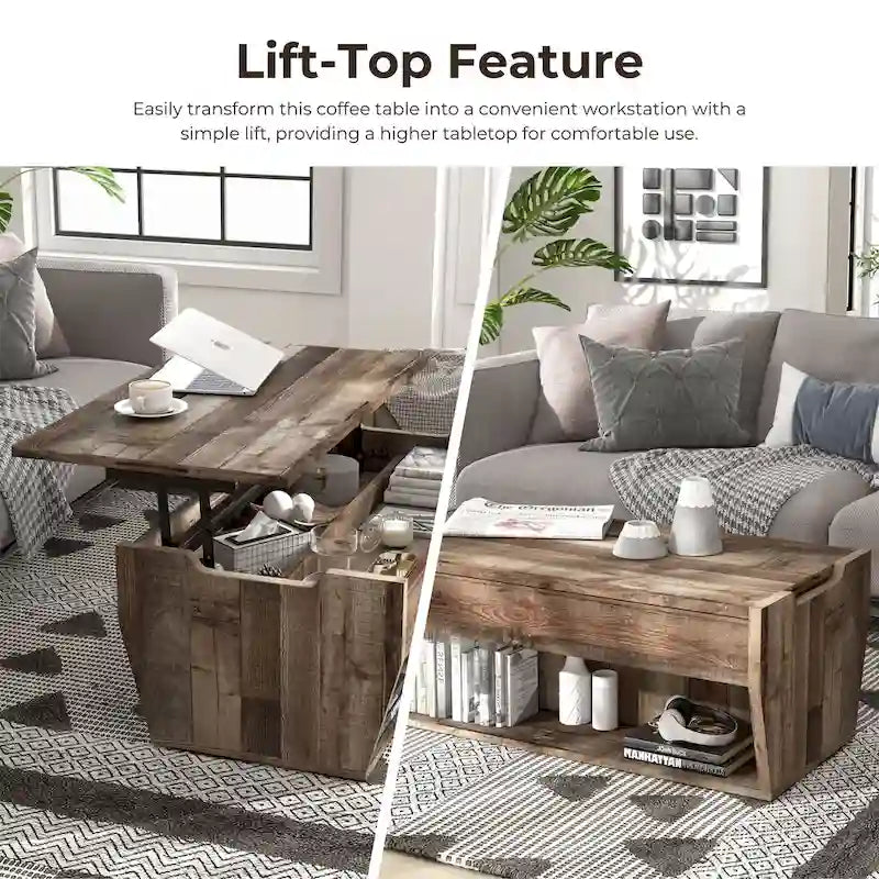 Table basse relevable rustique avec rangement – Chêne recyclé, style ferme, 104 cm