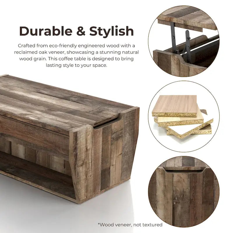 Table basse relevable rustique avec rangement – Chêne recyclé, style ferme, 104 cm