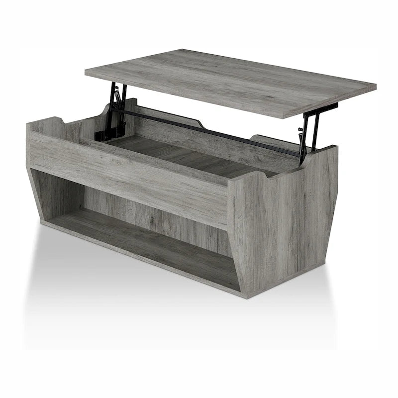 Table basse relevable rustique avec rangement – Chêne recyclé, style ferme, 104 cm